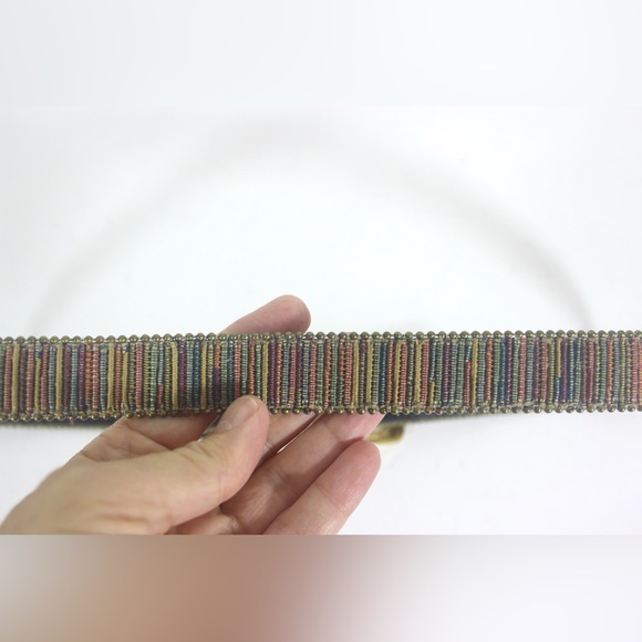 80’s Vintage Fabric Belt with Gold Buckle, Beaded Brass Edge Large L Eighties - Picture 7 of 8